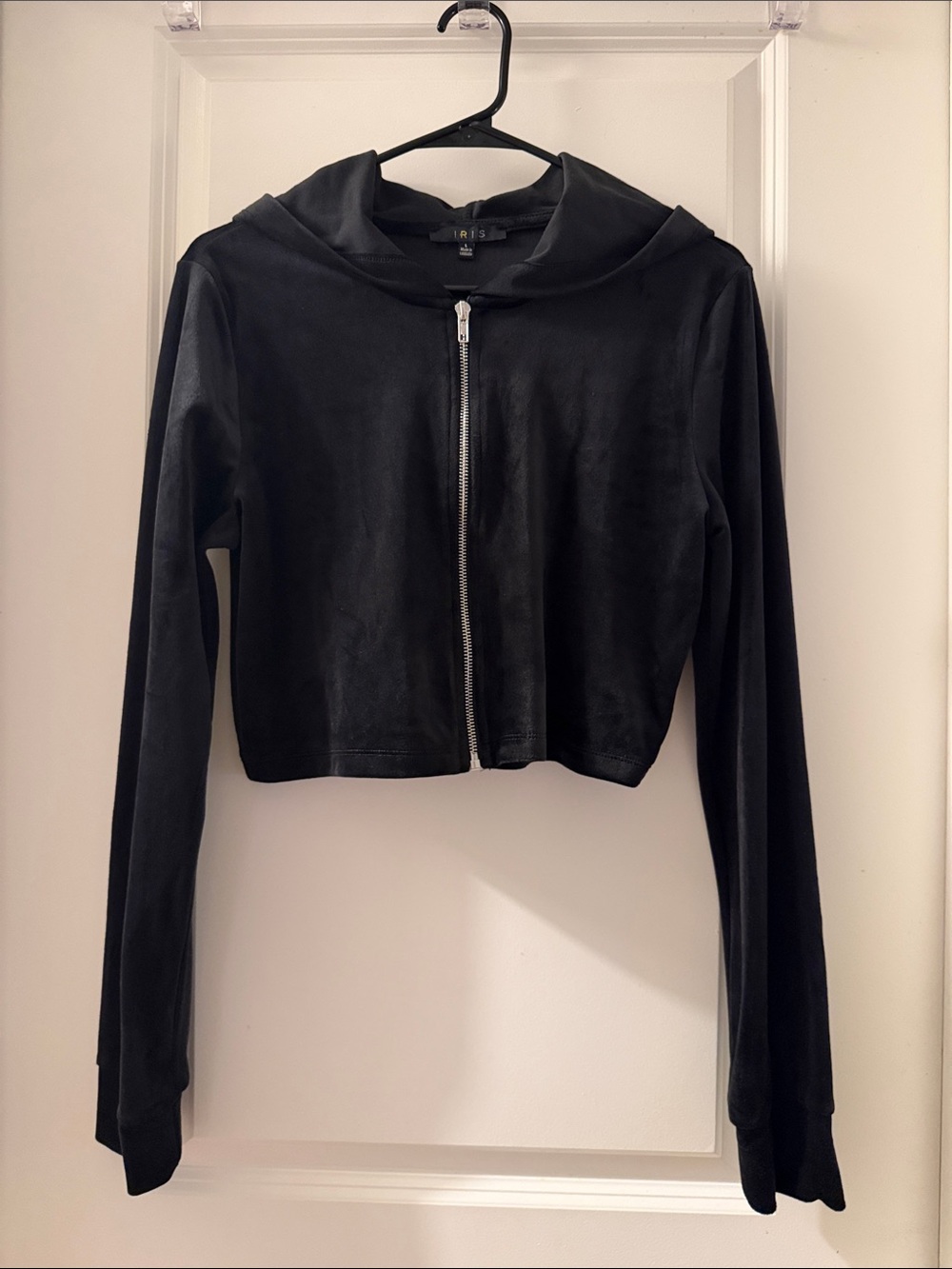 Black Cropped Rhinestone Velvet Zip Hoodie Jacket with Hood